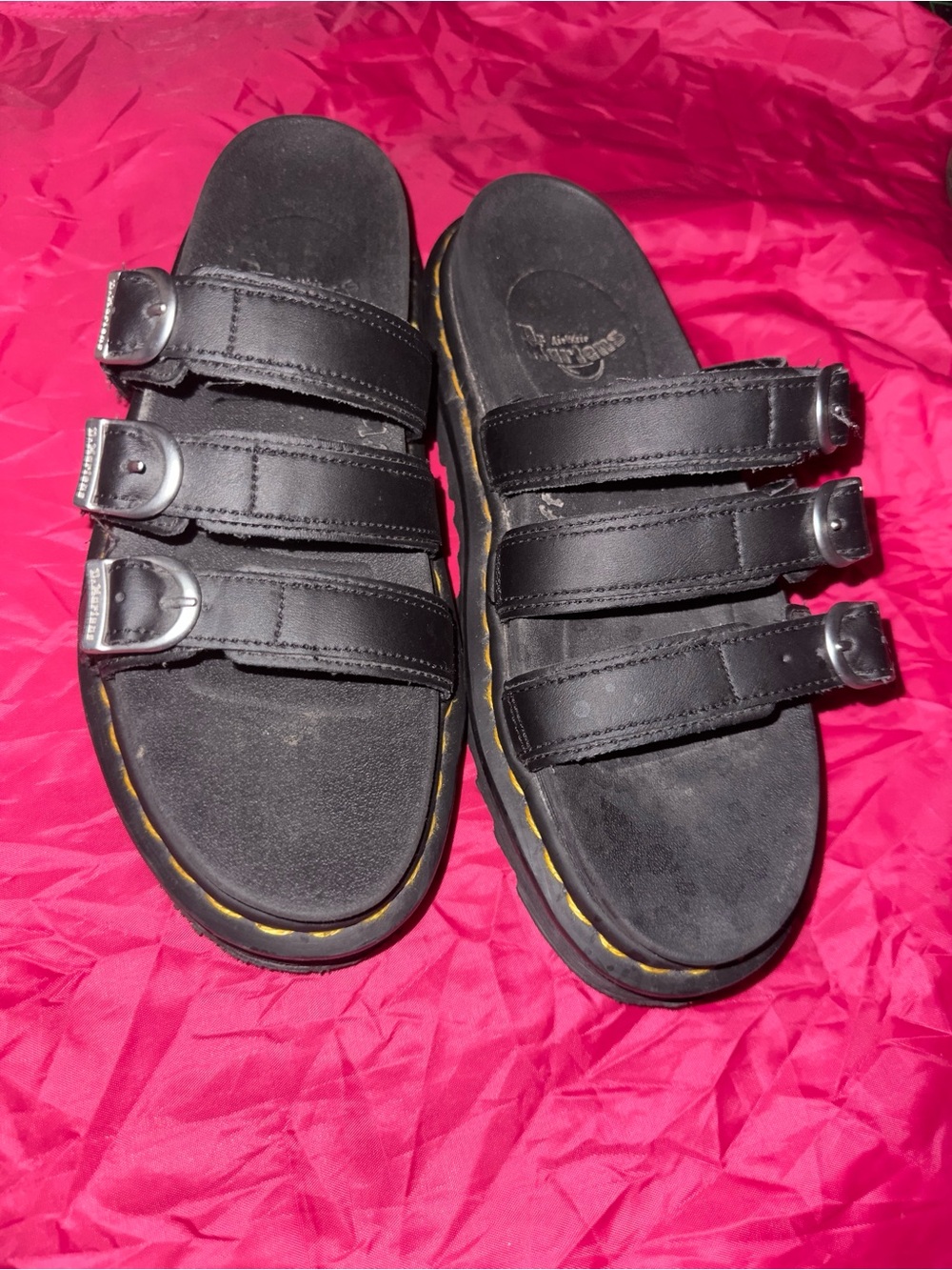 Black Triple-Strap Sandal Slides with Yellow Stitching